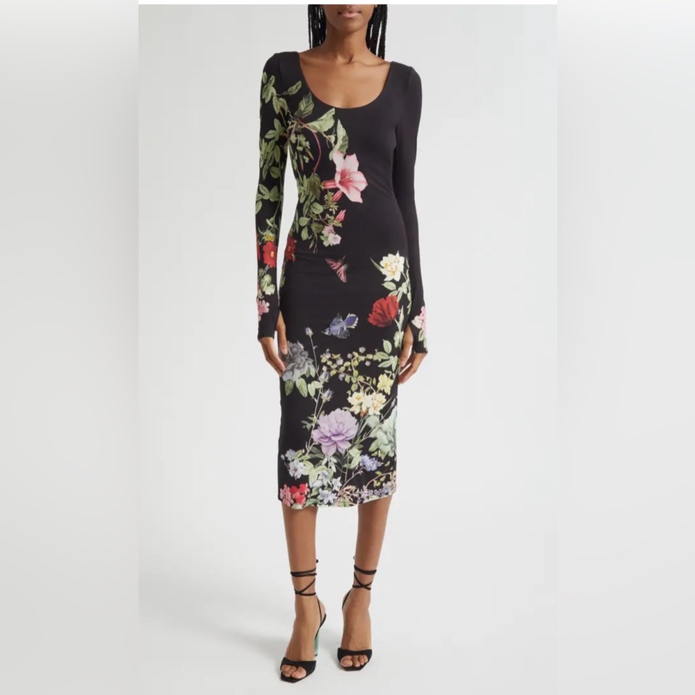 Alice + Olivia Black Floral Scoop-Neck Long-Sleeve Midi Dress